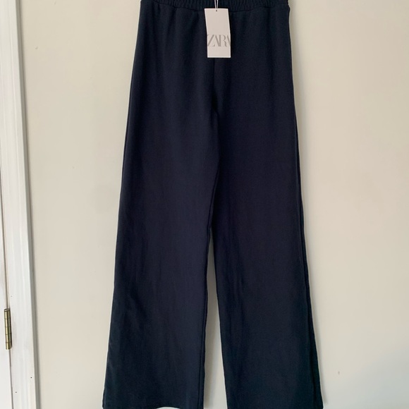 Zara Medium Thick Cotton Wide Leg Opening Navy Pants NWT - Picture 3 of 12